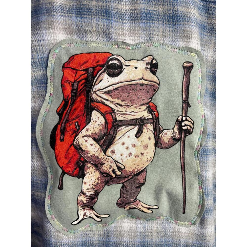 american eagle blue plaid flannel shirt frog grunge fairycore fantasy art jacket